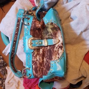 Teal and camo purse